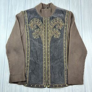 80s Bob Mackie Wearable Art Brown Leather Embroidered Full Zip Jacket Womens L